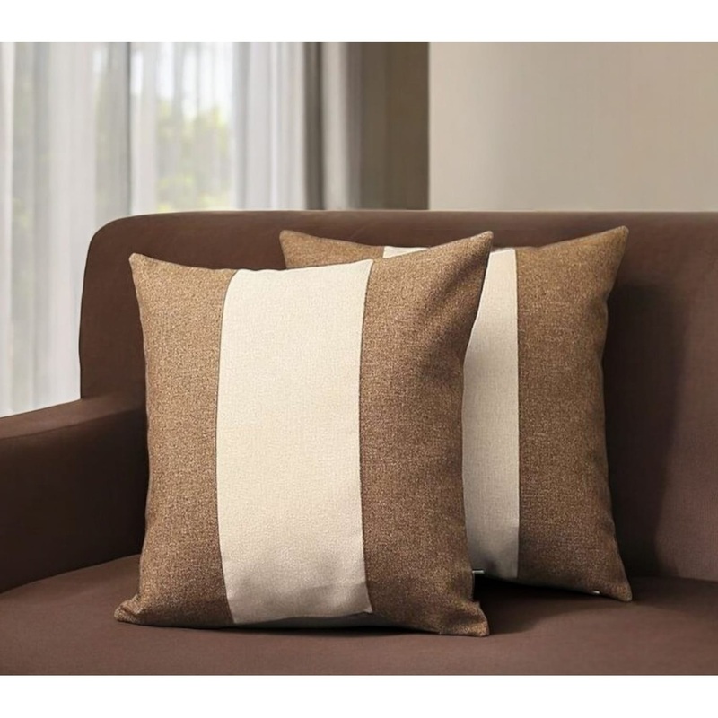 Set of Two 18" Brown and Ivory Color Block Fabric Throw Pillows
