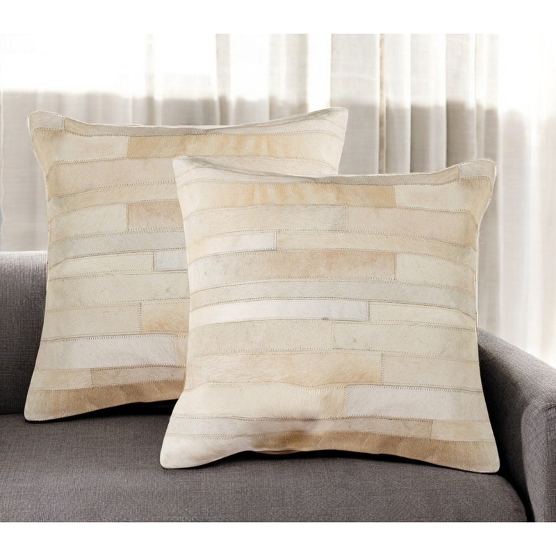 Set of Two 18" Natural Patchwork Cowhide Throw Pillows