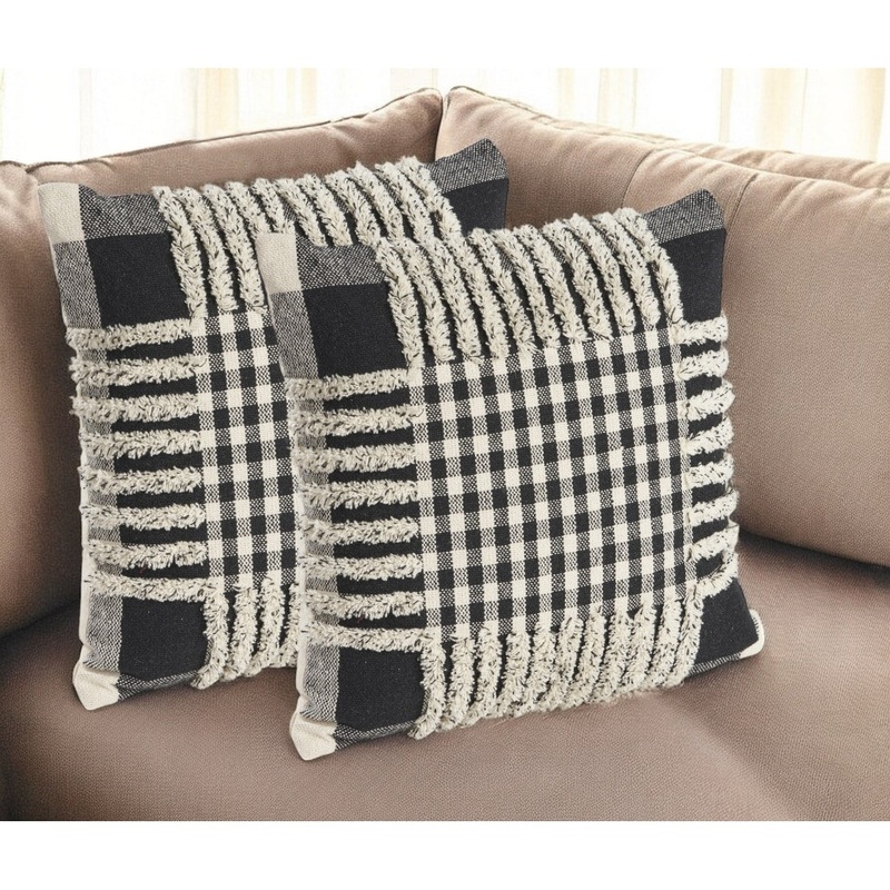Set of Two Black and Ivory Plaid Cotton Throw Pillow With Fringe