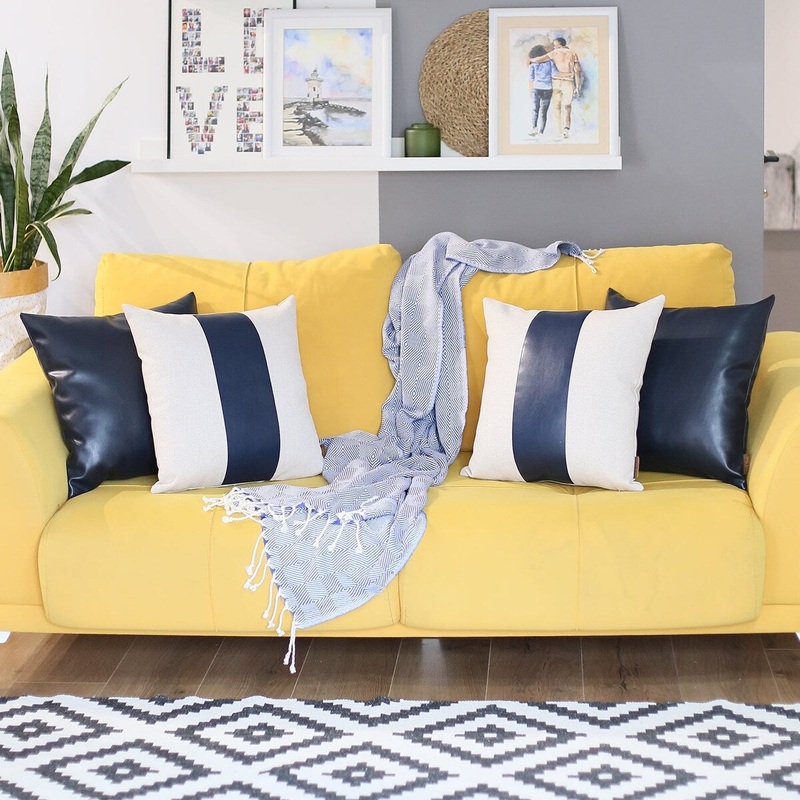 Boho Throw Pillow 17" x 17" Navy Blue Mixed Design Set of 4 Vegan Faux Leather Solid