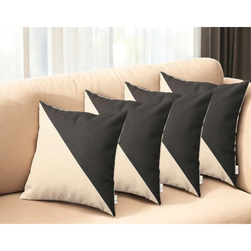 Set of Four 18" Ivory and Black Color Block Fabric Throw Pillows