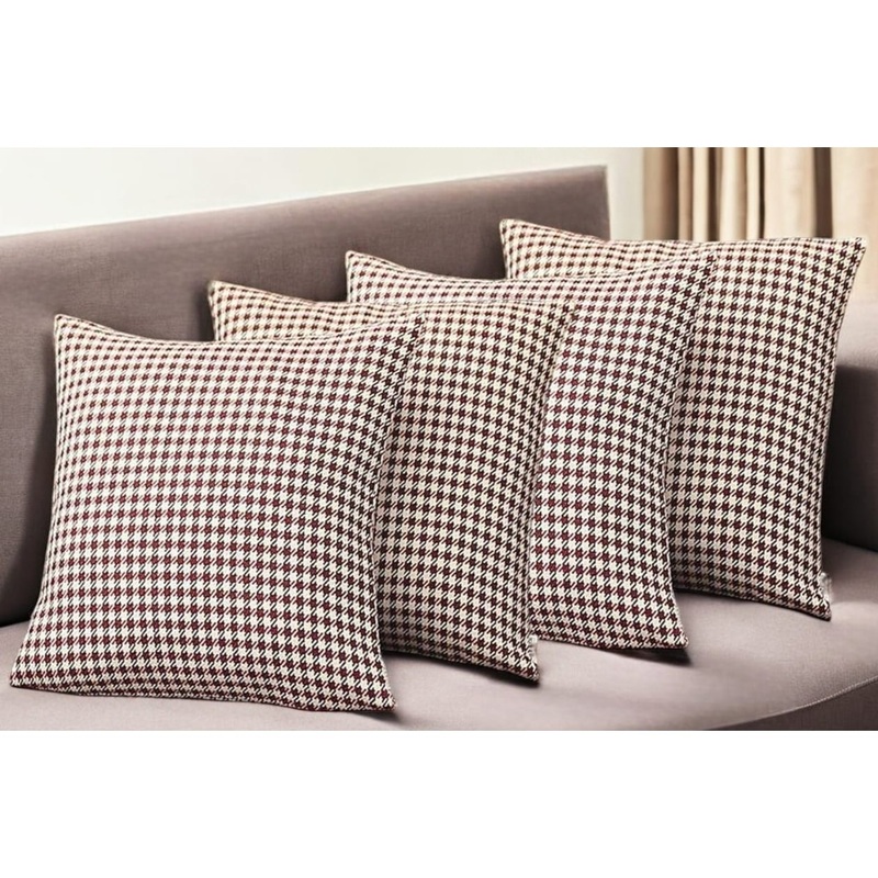 Set of Four 18" Red and White Houndstooth Fabric Throw Pillows