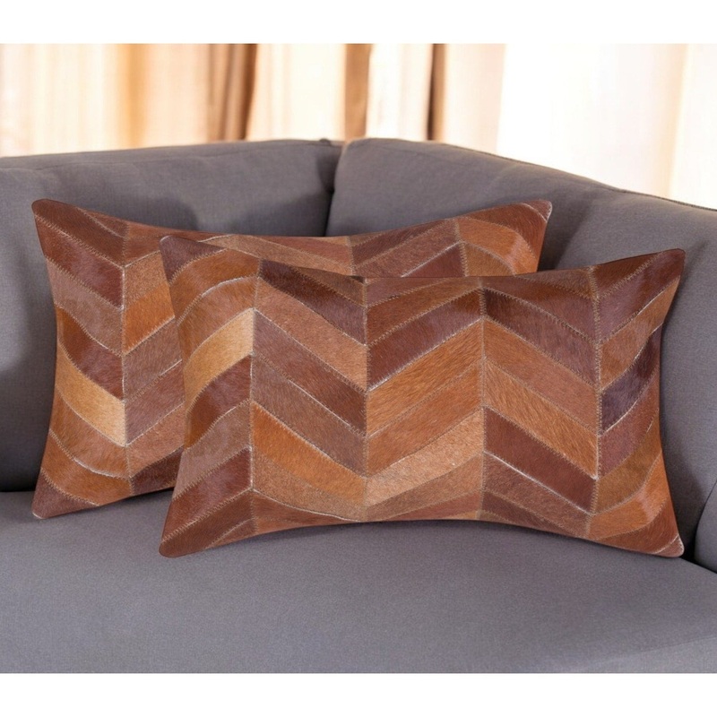 Set of Two 12" X 20" Tan Chevron Cowhide Lumbar Throw Pillows
