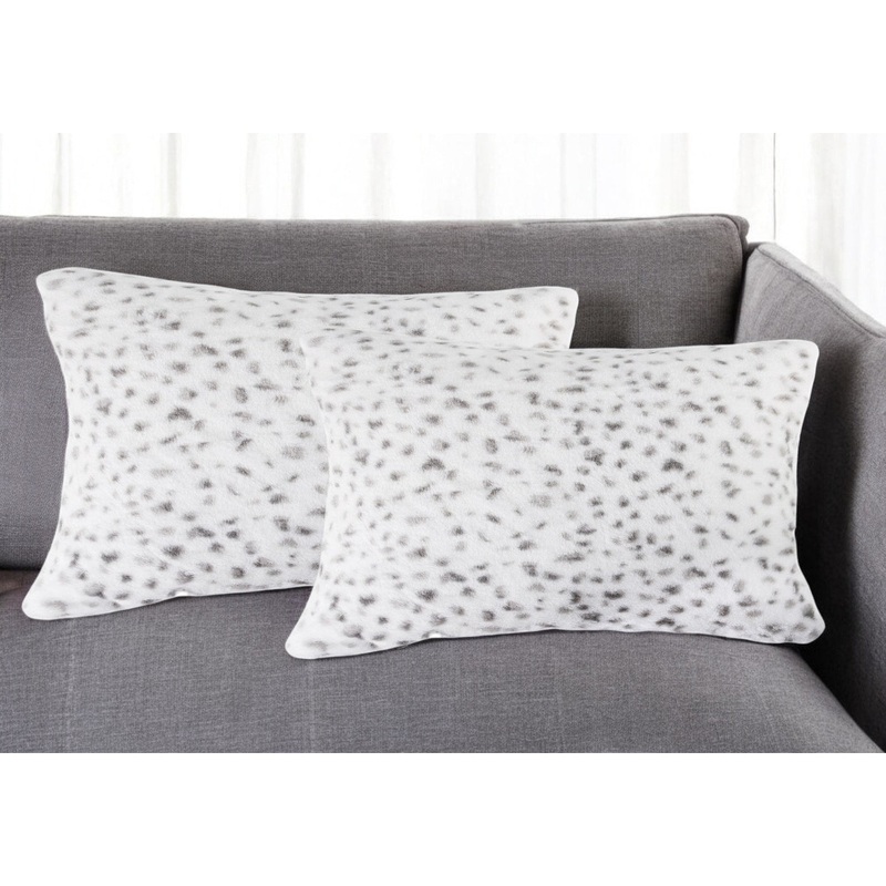 Set of Two 12" X 20" White and Gray Faux Fur Lumbar Throw Pillows