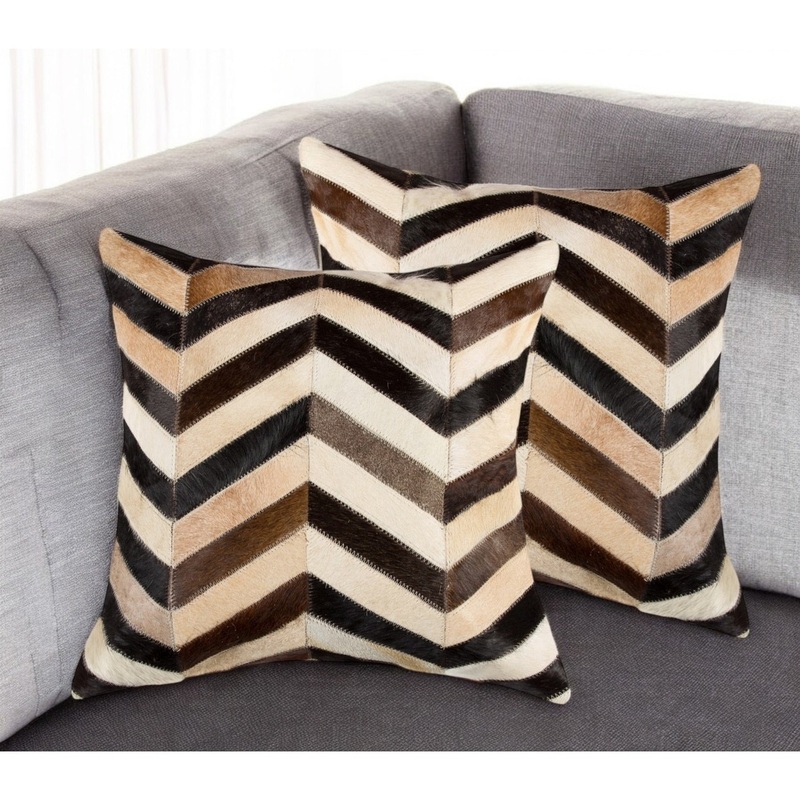 Set of Two 18" Black Brown and Beige Chevron Cowhide Throw Pillows