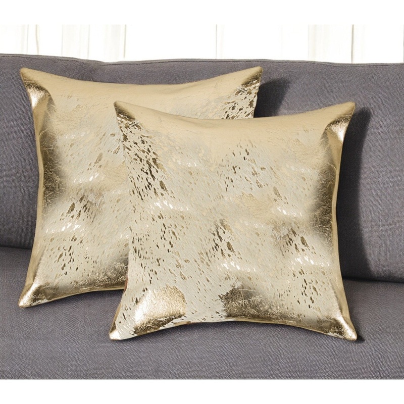 Set of Two 18" Natural and Gold Abstract Cowhide Throw Pillows with Glitter
