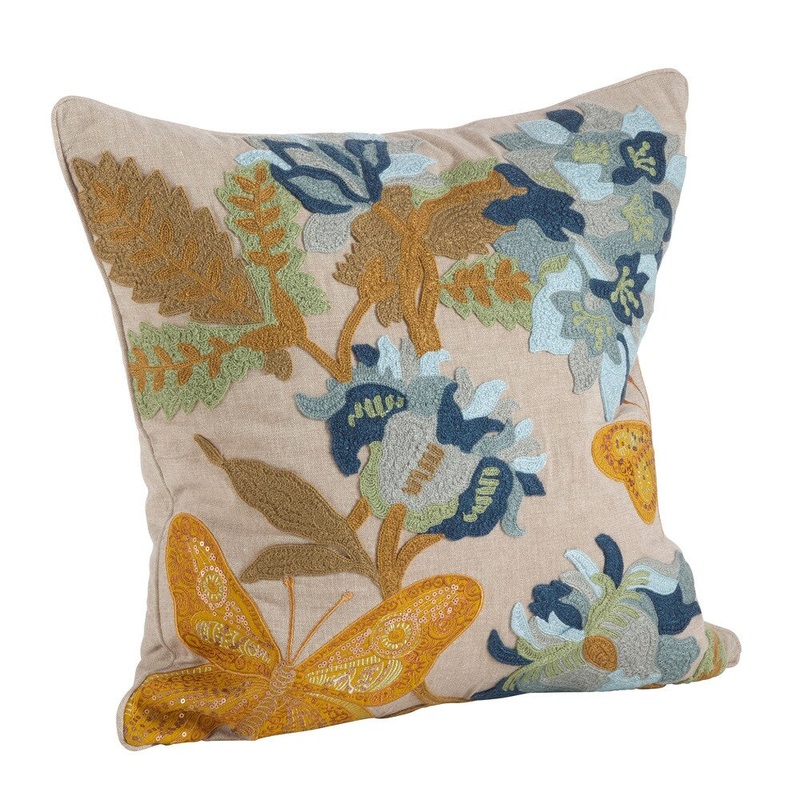 Butterfly Emroidered Cotton Down Filled Throw Pillow