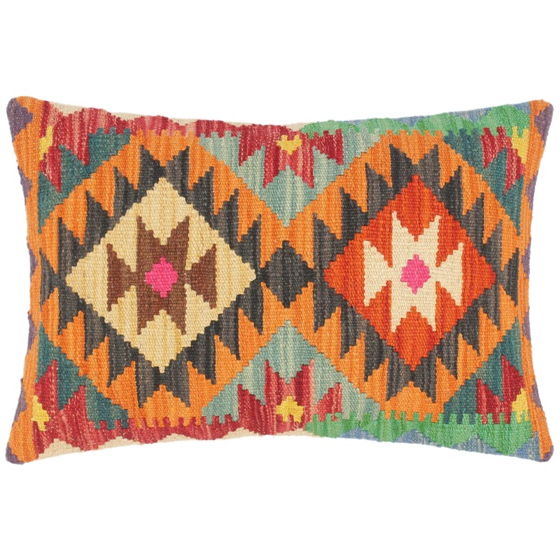 Boho Chic Mandi Hand Woven Turkish Kilim Throw Pillow 21 in x 15 in