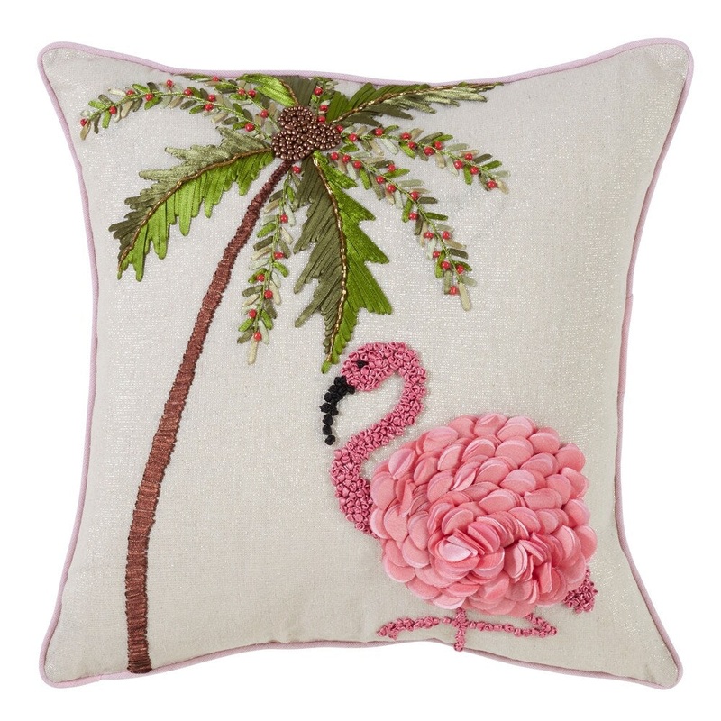 Stitched Flamingo & Palm Tree Down Filled Throw Pillow