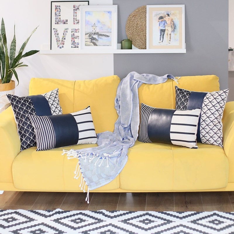 Boho Throw Pillow Navy Blue Mixed Design Set of 4 Vegan Faux Leather Geometric