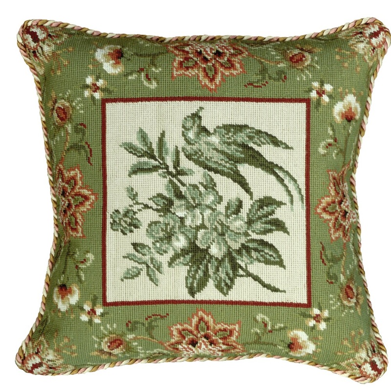 Bird-Green Needlepoint 18-inch Decorative Pillow