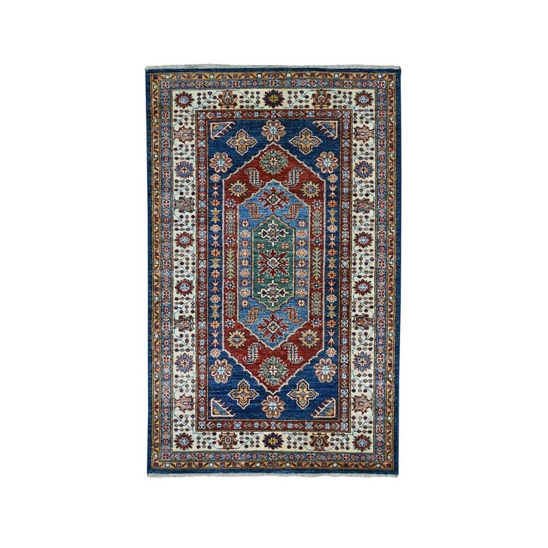 Shahbanu Rugs Blue Super Kazak Geometric Design Pure Wool Hand-Knotted Runner Rug (3'3" x 5'2") - 3'3" x 5'2"