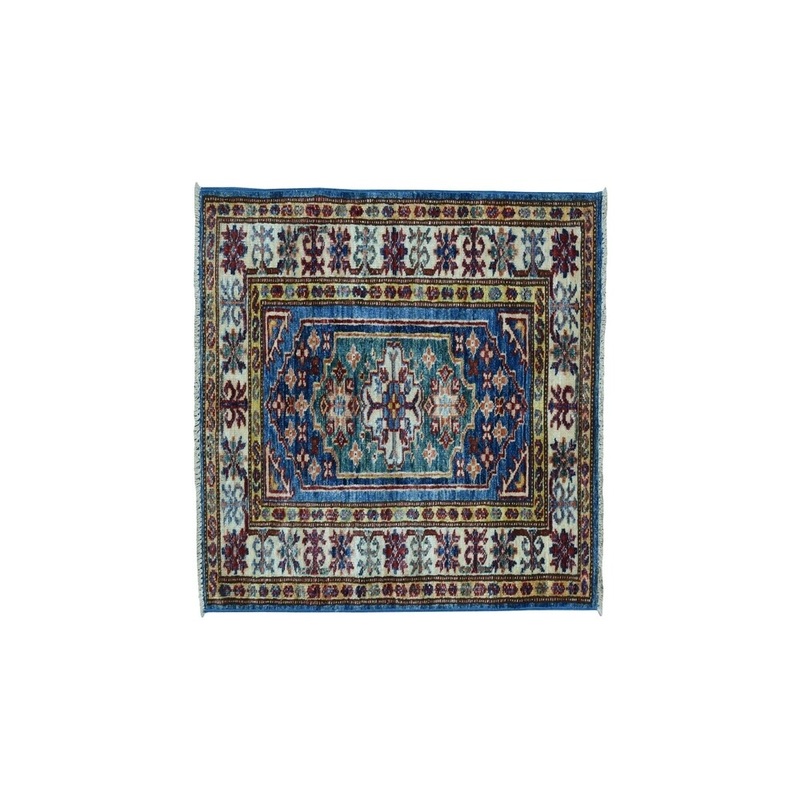 Shahbanu Rugs Blue Super Kazak Pure Wool Geometric Design Hand-Knotted Oriental Rug (1'11" x 2'11") - 1'11" x 2'11"