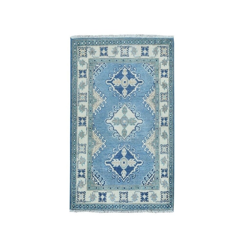 Shahbanu Rugs Blue Vintage Look Kazak Geometric Design Hand-Knotted Oriental Rug (2'0" x 2'8") - 2'0" x 2'8"