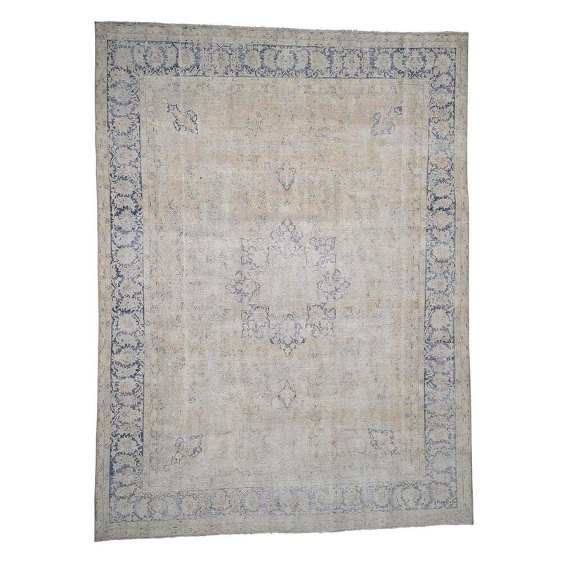 Shahbanu Rugs Hand-Knotted White Wash Vintage Kerman Sheared Low Oriental Rug (9'10" x 12'9") - 9'10" x 12'9"