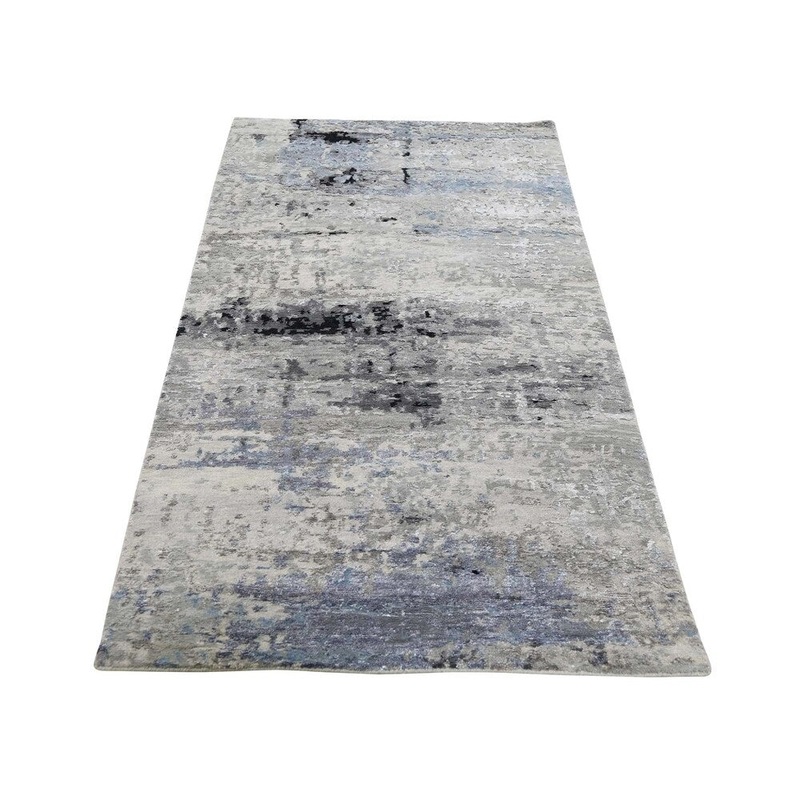 Shahbanu Rugs Hi low Pile Abstract Design Runner Gray Wool And Silk Hand-Knotted Rug (2'8" x 5'10") - 2'8" x 5'10"