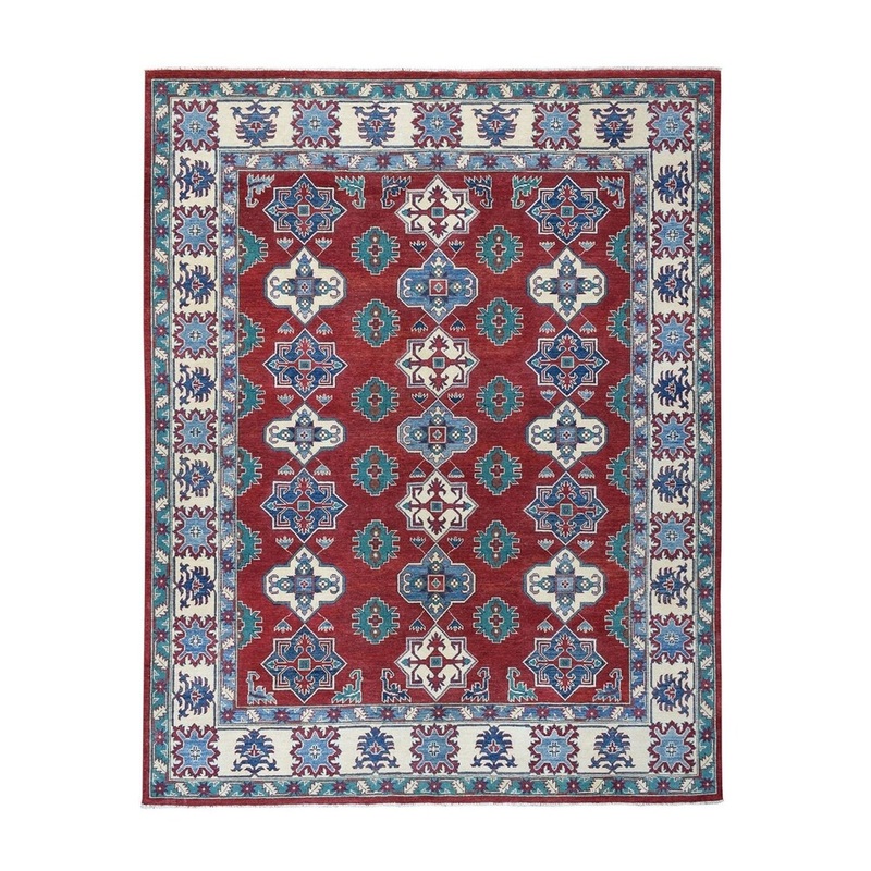 Shahbanu Rugs Red Geometric Design Kazak Pure Wool Hand-Knotted Oriental Rug (8'1" x 10'0") - 8'1" x 10'0"