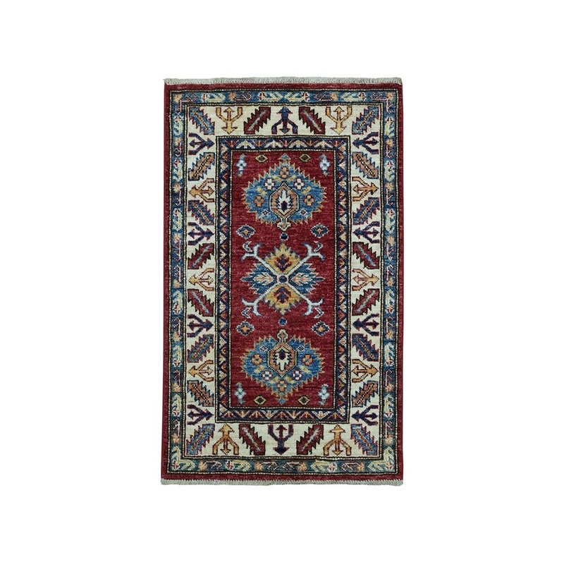 Shahbanu Rugs Red Super Kazak Pure Wool Geometric Design Hand-Knotted Oriental Rug (2'1" x 3'3") - 2'1" x 3'3"