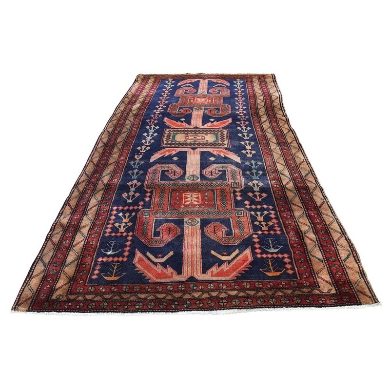Shahbanu Rugs Vintage North West Persian Anchor Bohemian Design Wide Runner Rug (4'10" x 10'10") - 4'10" x 10'10"