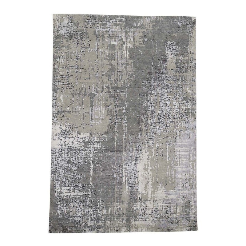 Shahbanu Rugs Abstract Wool And Silk With Mosaic Design Grey Hand-Knotted Modern Rug (5'9" x 8'8") - 5'9" x 8'8"