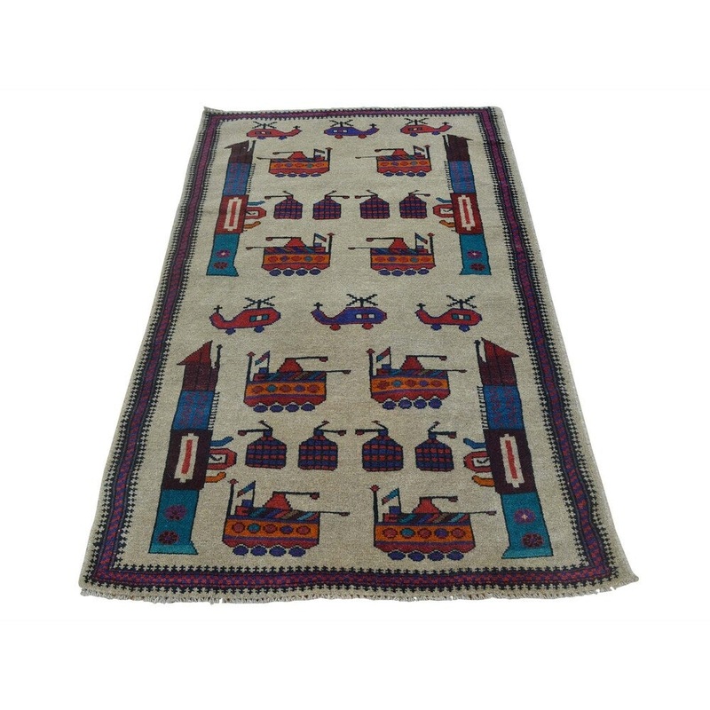 Shahbanu Rugs Afghan Baluch War Tanks Grenades Pure Wool Beige Rug (2'10" x 4'7") - 2'10" x 4'7"