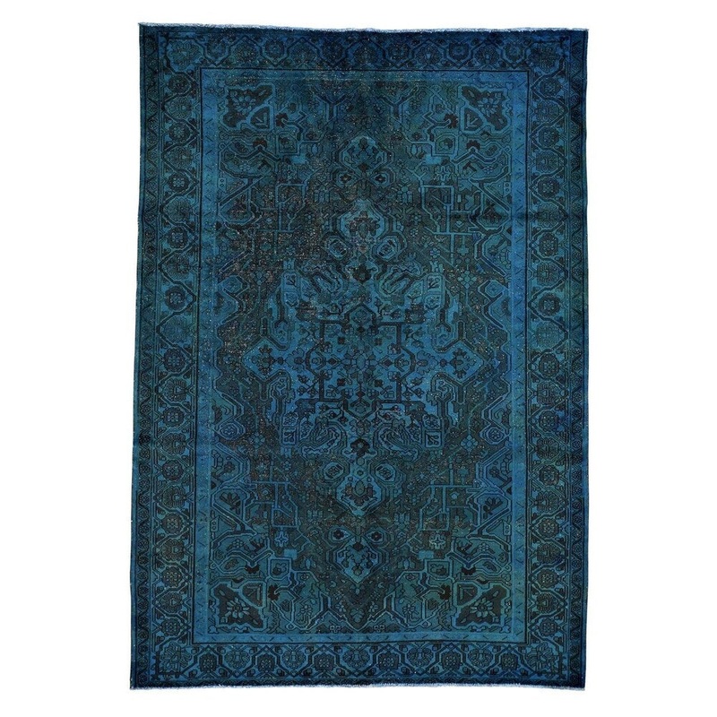 Shahbanu Rugs Blue Pure Wool Overdyed Worn Down Rug (6'10" x 10'0") - 6'10" x 10'0"