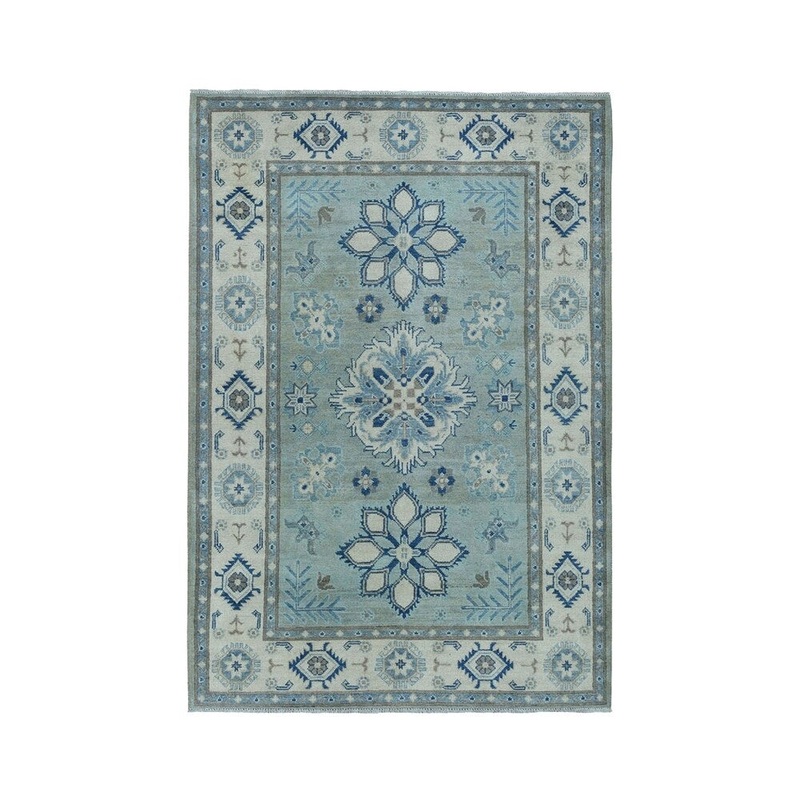 Shahbanu Rugs Blue Vintage Look Kazak Pure Wool Geometric Design Hand-Knotted Rug (3'10" x 6'0") - 3'10" x 6'0"