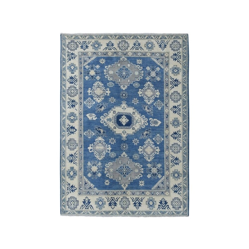 Shahbanu Rugs Blue Vintage Look Kazak Pure Wool Geometric Design Hand-Knotted Rug (5'0" x 6'3") - 5'0" x 6'3"