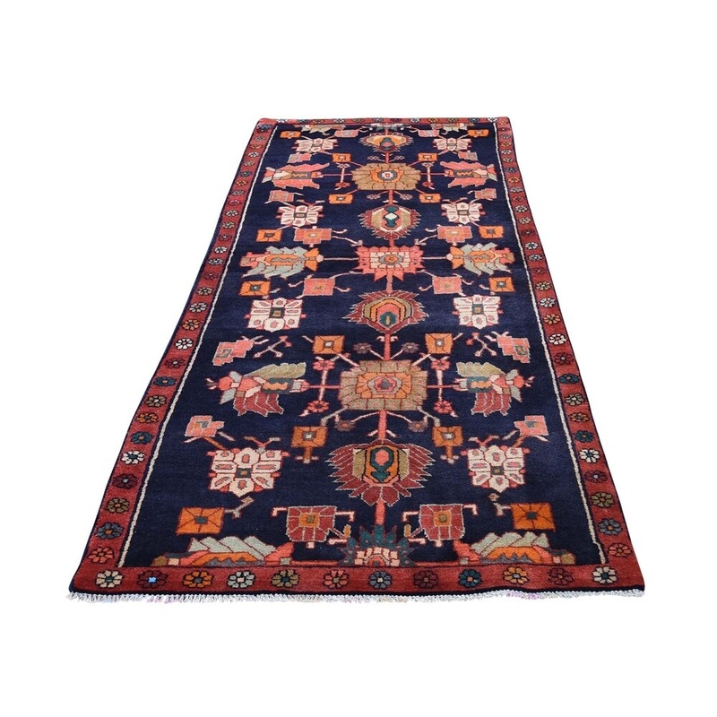 Shahbanu Rugs Blue Vintage North West Persian Pure Wool Wide Runner Hand-Knotted Rug (3'2" x 8'4") - 3'2" x 8'4"