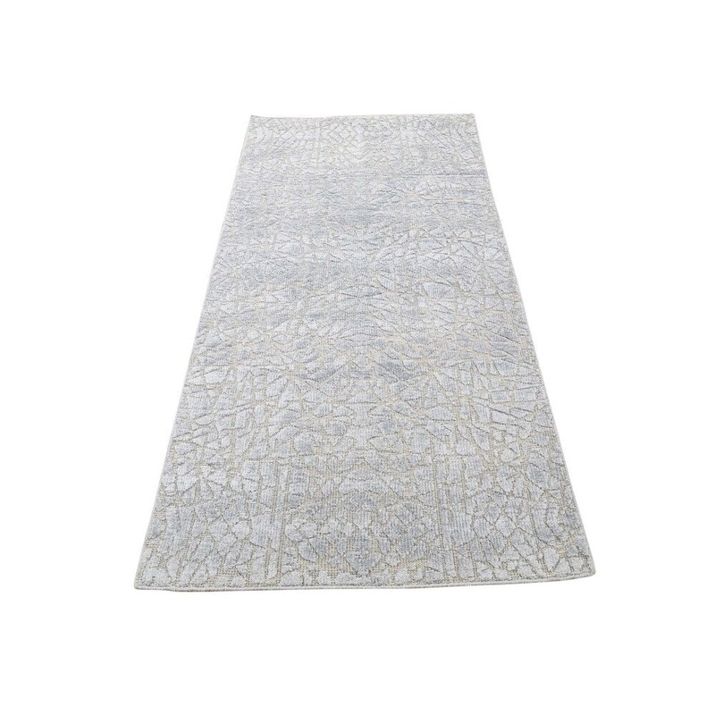 Shahbanu Rugs Flat Pile with Raised Silk Hand Knotted Tone on Tone Runner Rug (2'6" x 6'3") - 2'6" x 6'3"