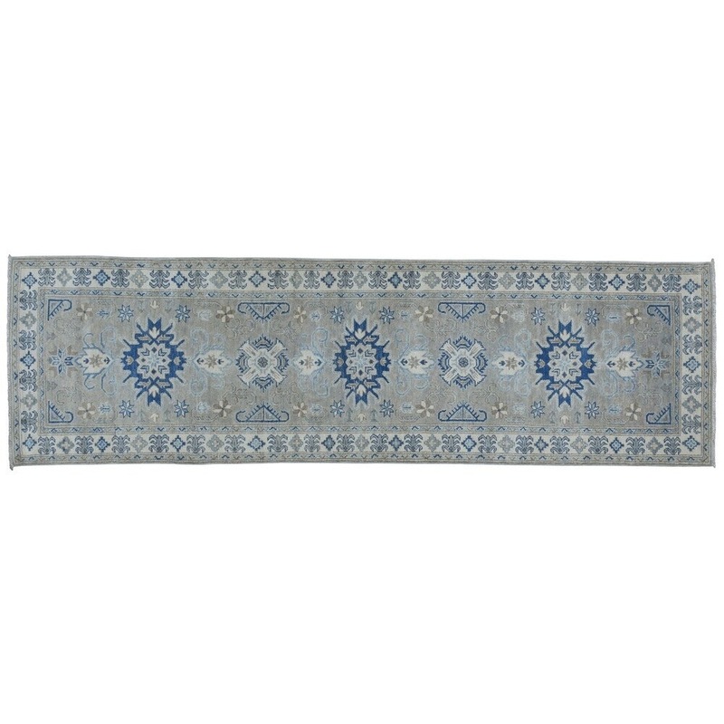 Shahbanu Rugs Gray Vintage Look Kazak Pure Wool Hand-Knotted Oriental Runner Rug (2'7" x 9'7") - 2'7" x 9'7"