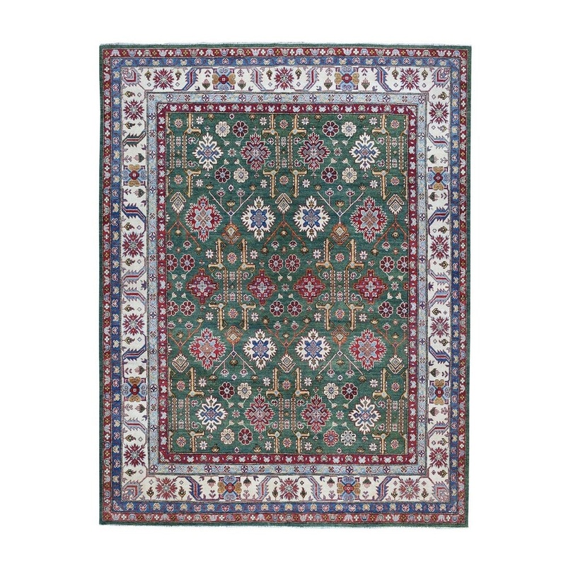 Shahbanu Rugs Green Kazak Geometric Design Pure Wool Hand-Knotted Oriental Rug (8'1" x 10'0") - 8'1" x 10'0"