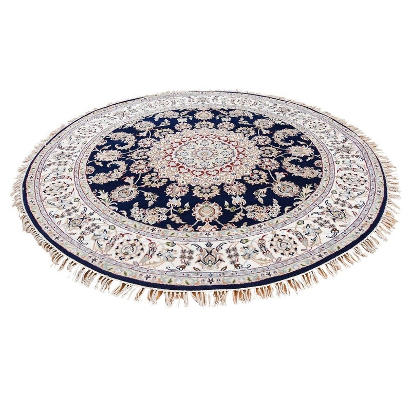 Shahbanu Rugs Hand-Knotted 250 Kpsi Wool And Silk Navy Blue Nain Round Oriental Rug (6'0" x 6'0") - 6'0" x 6'0"
