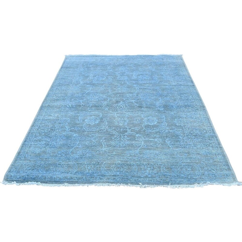 Shahbanu Rugs Hand Knotted Blue Cast Peshawar Overdyed Pure Wool Oriental Rug (4'2" x 6'1") - 4'2" x 6'1"