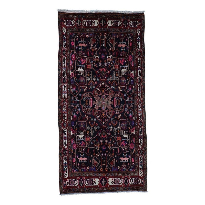 Shahbanu Rugs Hand-Knotted Pure Wool Persian Nahavand With Lions Wide Runner Rug (5'0" x 10'2") - 5'0" x 10'2"