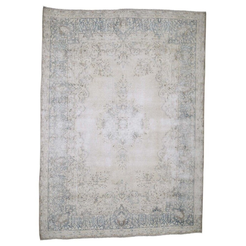 Shahbanu Rugs Hand-Knotted White Wash Vintage Kerman Worn Pile Oriental Rug (7'4" x 10'2") - 7'4" x 10'2"
