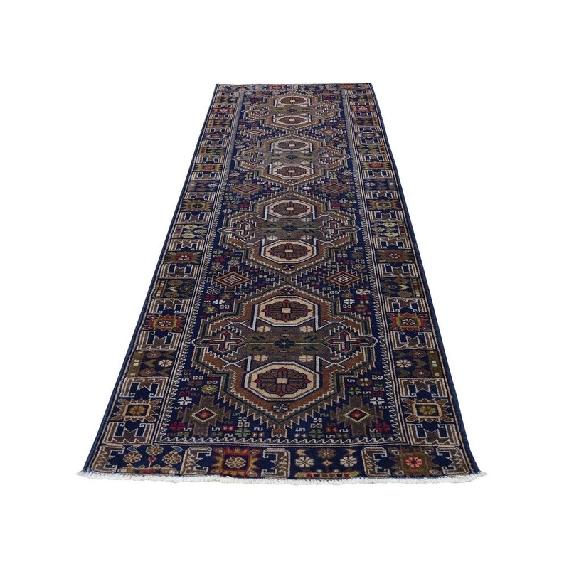 Shahbanu Rugs Navy Blue Afghan Baluch Runner Pure Wool Hand-Knotted Oriental Rug (2'10" x 10'0") - 2'10" x 10'0"