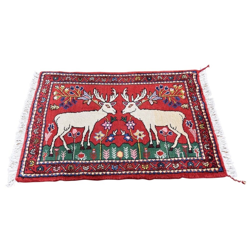 Shahbanu Rugs Red Pictorial With Deers Hand-Knotted Oriental Rug (2'3" x 2'10") - 2'3" x 2'10"
