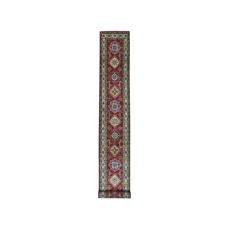 Shahbanu Rugs Red Super Kazak Geometric Design XL Runner Pure Wool Hand-Knotted Rug (2'5" x 20'3") - 2'5" x 20'3"