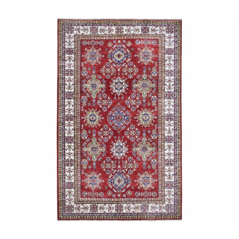 Shahbanu Rugs Red Super Kazak Pure Wool Geometric Design Hand-Knotted Oriental Rug (6'1" x 9'0") - 6'1" x 9'0"