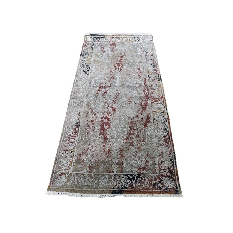 Shahbanu Rugs Silk With Oxidized Wool Broken Tulip Design Runner Hand-Knotted Rug (2'6" x 6'1") - 2'6" x 6'1"