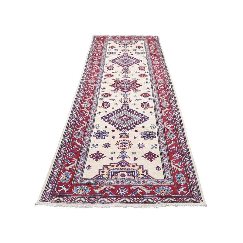 Shahbanu Rugs Special Kazak Pure Wool Runner Hand-Knotted Geometric Design Rug (2'8" x 9'9") - 2'8" x 9'9"