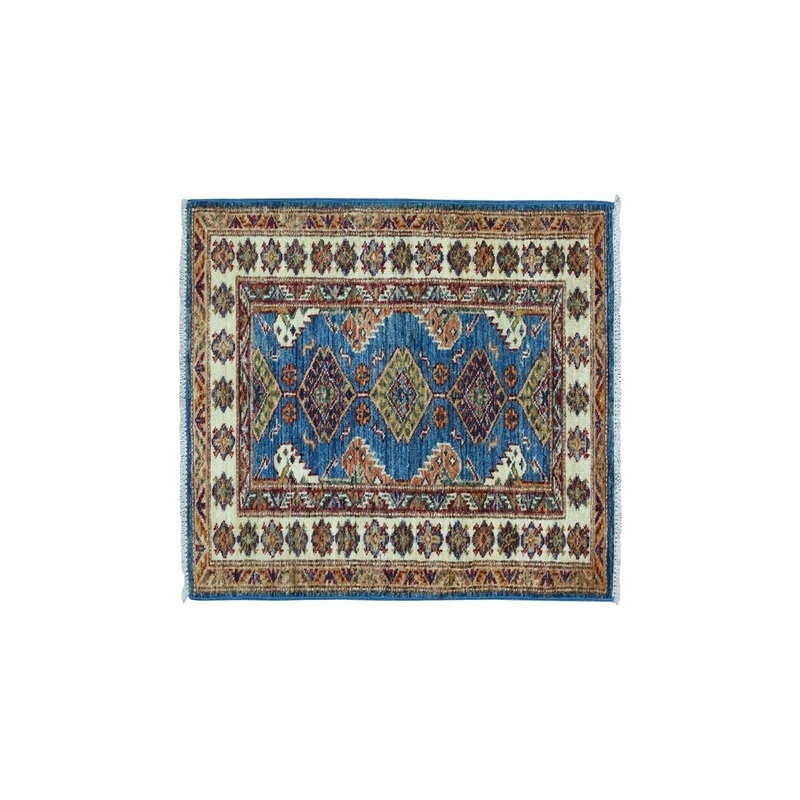 Shahbanu Rugs Super Kazak Pure Wool Blue Geometric Design Hand-Knotted Oriental Rug (2'0" x 3'1") - 2'0" x 3'1"