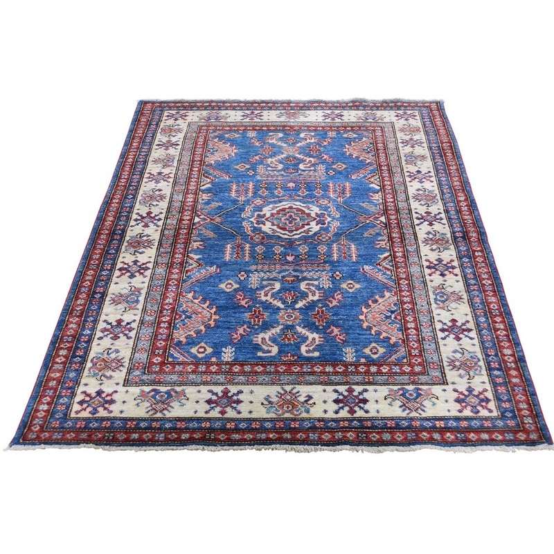 Shahbanu Rugs Super Kazak Pure Wool Blue Geometric Design Hand-Knotted Oriental Rug (3'7" x 5'0") - 3'7" x 5'0"