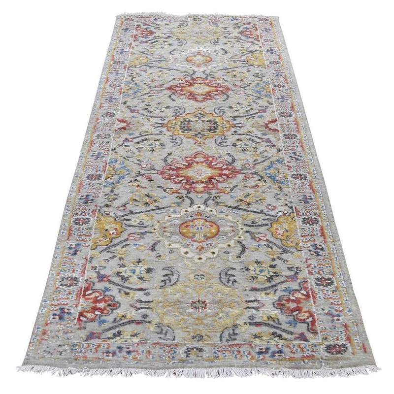 Shahbanu Rugs THE SUNSET ROSETTES Pure Silk & Wool Runner Hand-Knotted Oriental Rug (2'7" x 8'1") - 2'7" x 8'1"