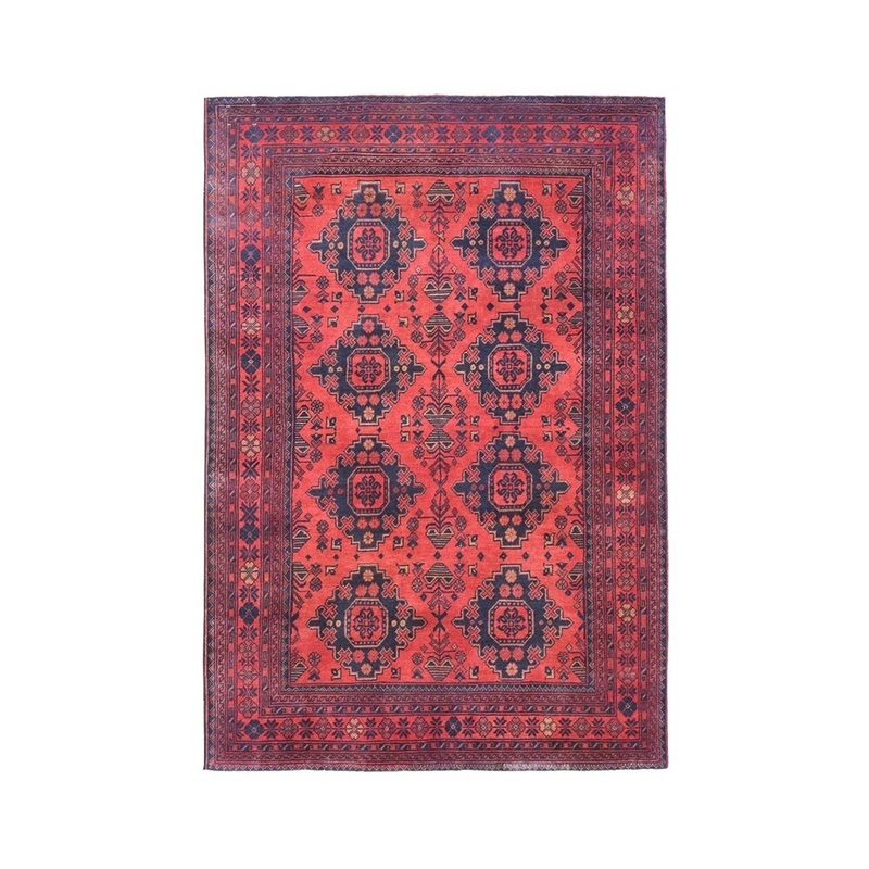 Shahbanu Rugs Vintage Look Red Geometric Afghan Andkhoy Pure Wool Hand-Knotted Rug (4'4" x 6'4") - 4'4" x 6'4"