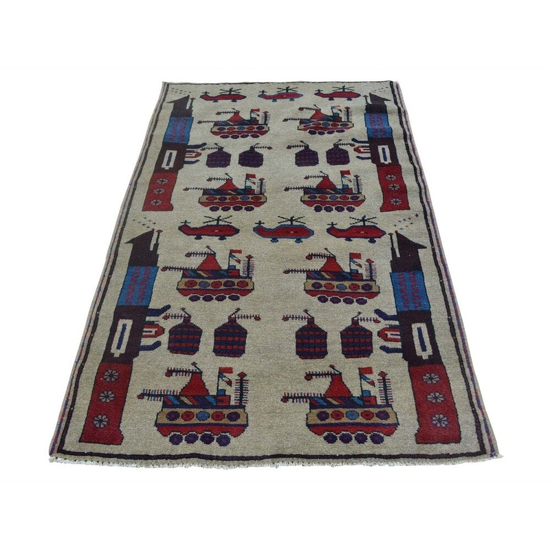 Shahbanu Rugs Beige Afghan Baluch War Tanks Grenades Guns Pure Wool Rug (3'0" x 4'9") - 3'0" x 4'9"