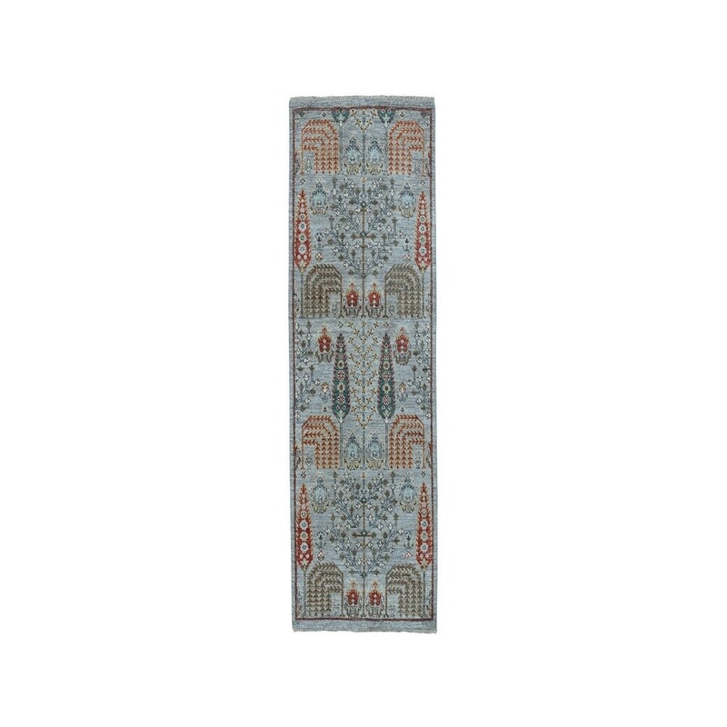 Shahbanu Rugs Gray Peshawar Willow And Cypress Tree Design Hand-Knotted Runner Rug (2'6" x 6'2") - 2'6" x 6'2"