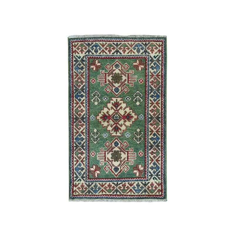Shahbanu Rugs Green Kazak Geometric Design Pure Wool Hand-Knotted Oriental Rug (2'0" x 3'0") - 2'0" x 3'0"