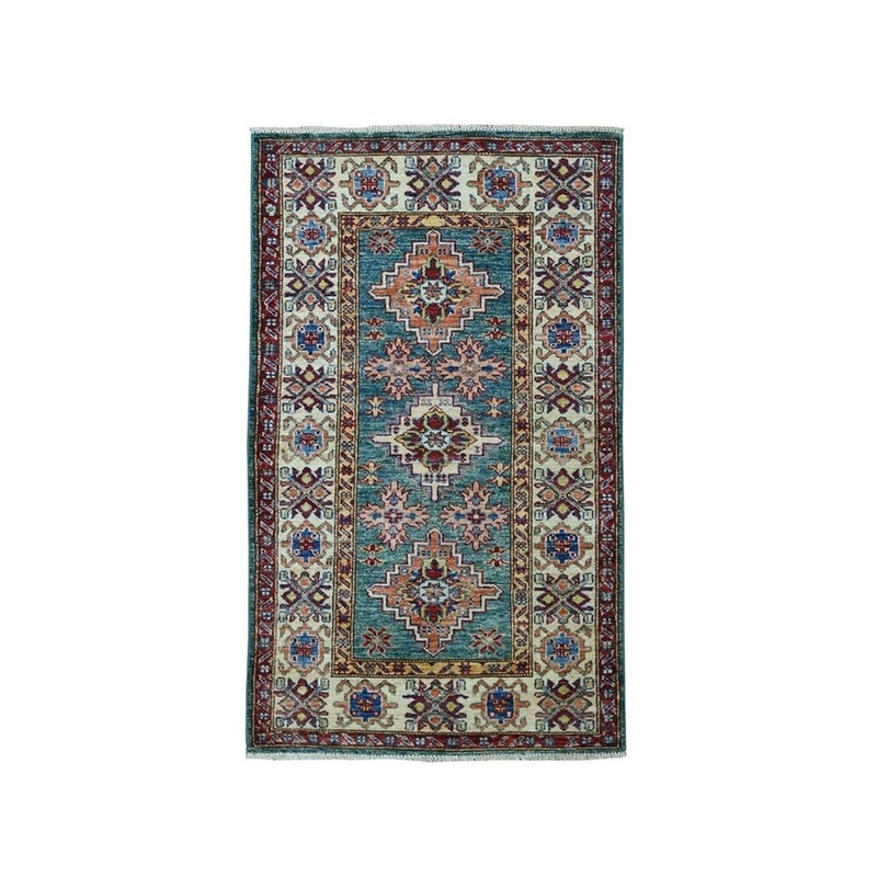 Shahbanu Rugs Green Super Kazak Pure Wool Geometric Design Hand-Knotted Oriental Rug (2'4" x 4'3") - 2'4" x 4'3"
